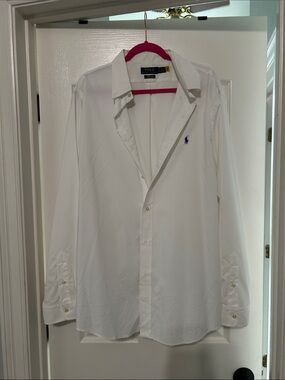 Ralph Lauren White Long-Sleeve Dress Shirt with Blue Polo Logo